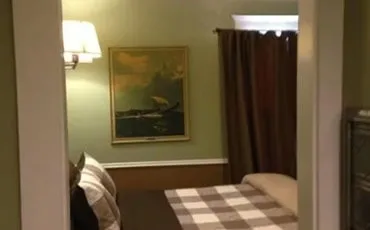 A basic room with a gingham quilt, a green wall and a framed painting