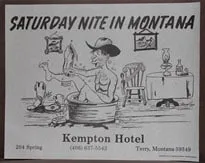 A vintage Kempton Hotel card titled "Saturday Nite in Montana", with a cartoon of a cowboy bathing in a washtub